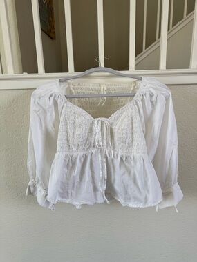 Anthropologie White Smocked Peasant Blouse with Tie Front